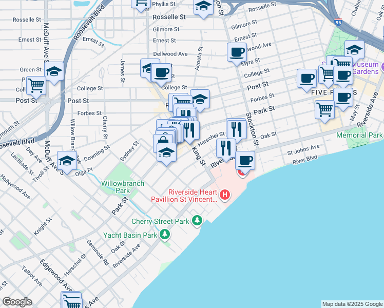 map of restaurants, bars, coffee shops, grocery stores, and more near 2715 Oak Street in Jacksonville