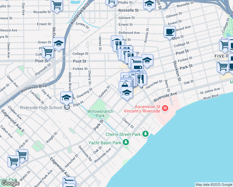 map of restaurants, bars, coffee shops, grocery stores, and more near 2829 Lydia Street in Jacksonville