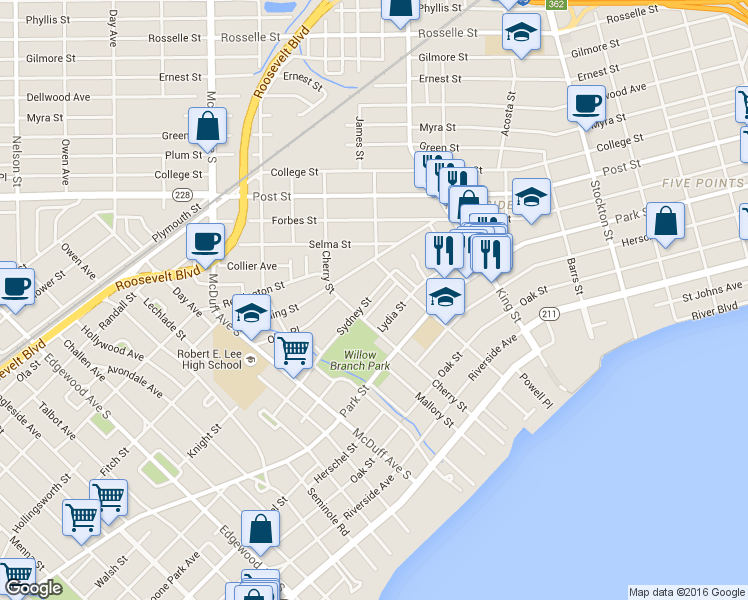 map of restaurants, bars, coffee shops, grocery stores, and more near 2870 Sydney Street in Jacksonville