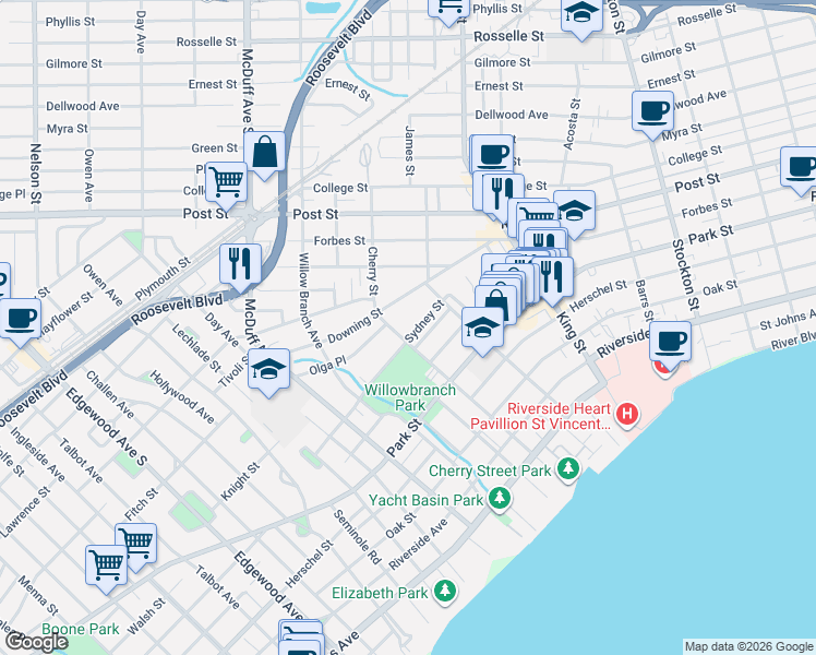 map of restaurants, bars, coffee shops, grocery stores, and more near 2870 Sydney Street in Jacksonville