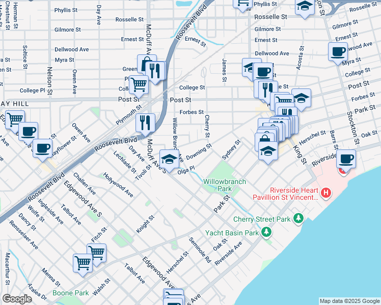 map of restaurants, bars, coffee shops, grocery stores, and more near 2910 Downing Street in Jacksonville