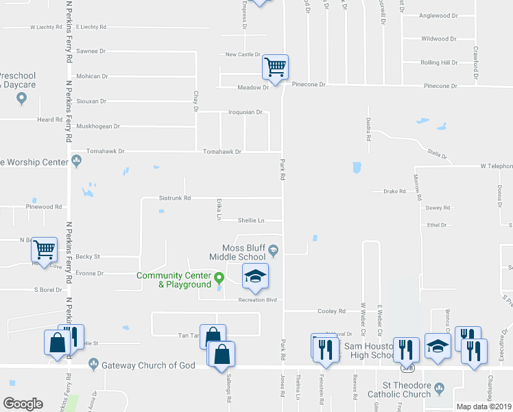 map of restaurants, bars, coffee shops, grocery stores, and more near 1022 Shellie Lane in Moss Bluff