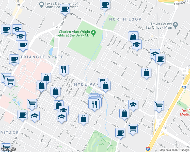 map of restaurants, bars, coffee shops, grocery stores, and more near 4515 Avenue F in Austin