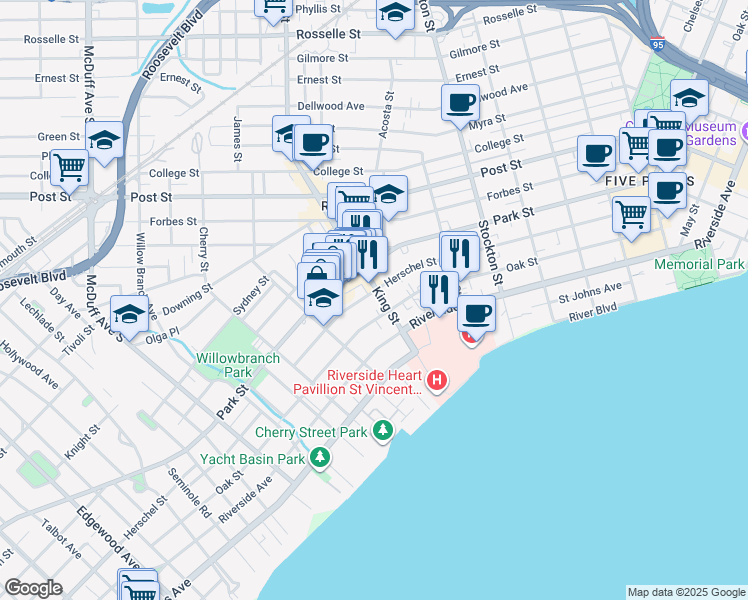 map of restaurants, bars, coffee shops, grocery stores, and more near 1606 King Street in Jacksonville