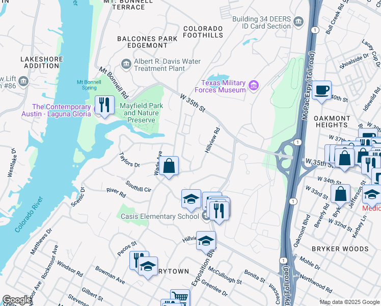 map of restaurants, bars, coffee shops, grocery stores, and more near 3104 Pleasant Run Place in Austin