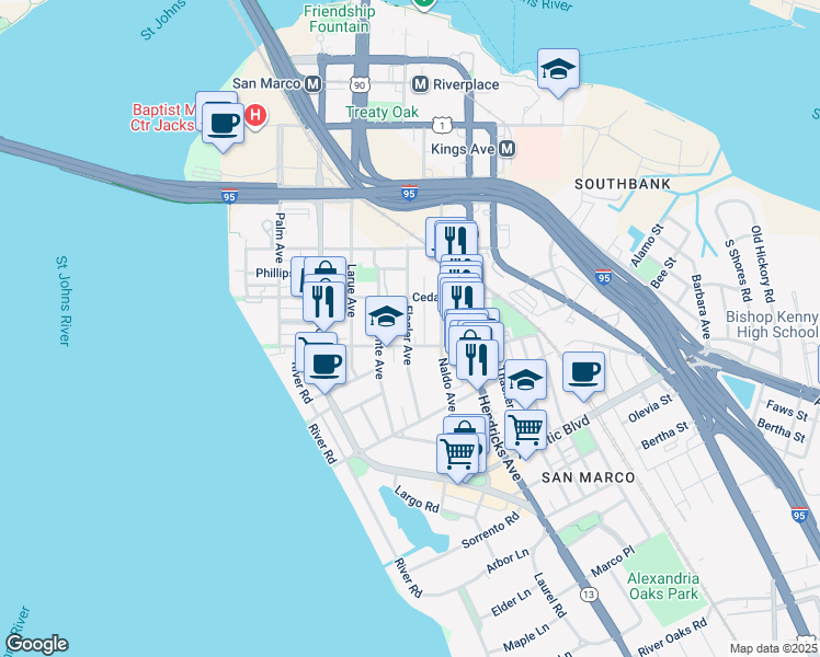 map of restaurants, bars, coffee shops, grocery stores, and more near 1547 Flagler Avenue in Jacksonville