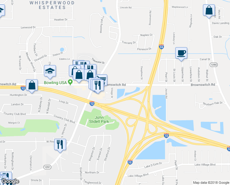 map of restaurants, bars, coffee shops, grocery stores, and more near 106 Village Street in Slidell