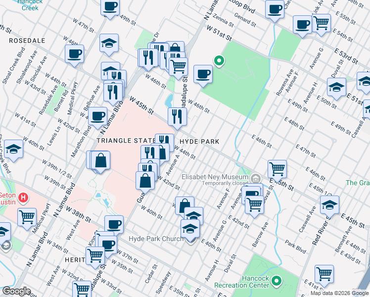 map of restaurants, bars, coffee shops, grocery stores, and more near 4405 Avenue A in Austin