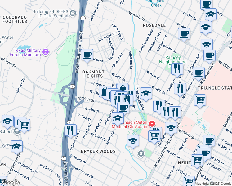 map of restaurants, bars, coffee shops, grocery stores, and more near 3513 Lawton Avenue in Austin