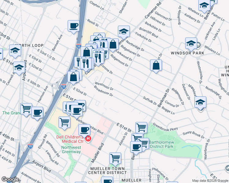 map of restaurants, bars, coffee shops, grocery stores, and more near 1317 Westmoor Drive in Austin