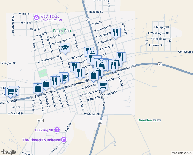 map of restaurants, bars, coffee shops, grocery stores, and more near in Marfa