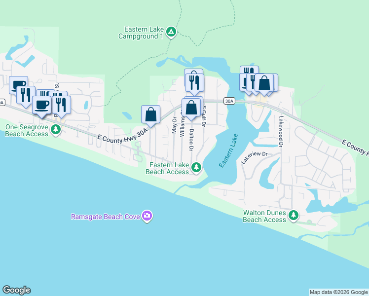 map of restaurants, bars, coffee shops, grocery stores, and more near 7 Dalton Drive in Santa Rosa Beach