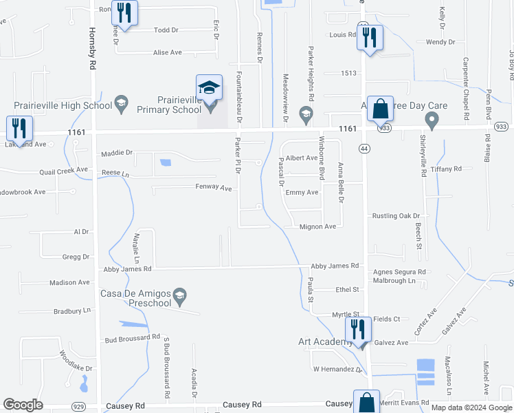 map of restaurants, bars, coffee shops, grocery stores, and more near Buchanan Court in Prairieville