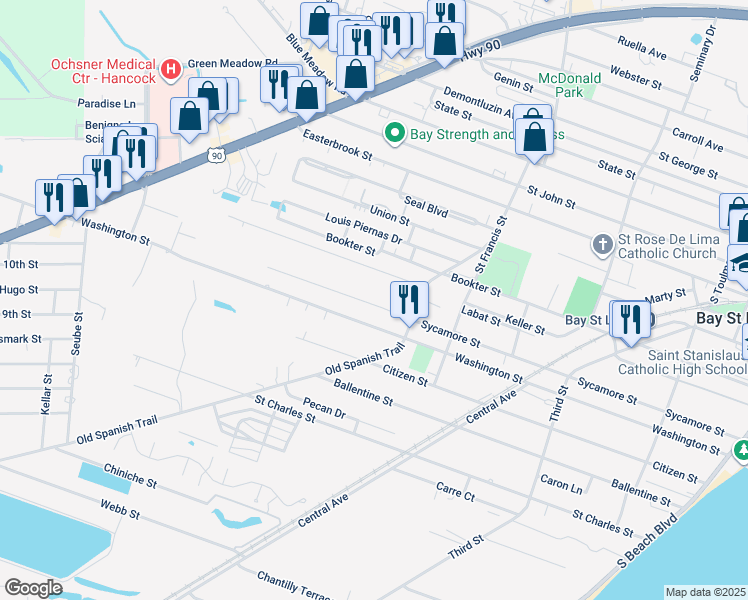 map of restaurants, bars, coffee shops, grocery stores, and more near 641 Washington Street in Bay St. Louis