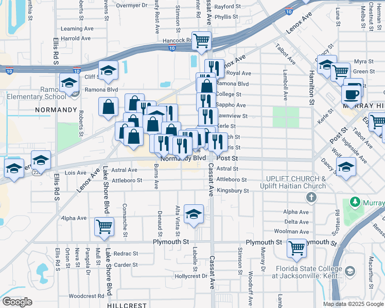 map of restaurants, bars, coffee shops, grocery stores, and more near 5050 Normandy Blvd in Jacksonville