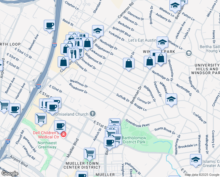 map of restaurants, bars, coffee shops, grocery stores, and more near 1427 Suffolk Drive in Austin