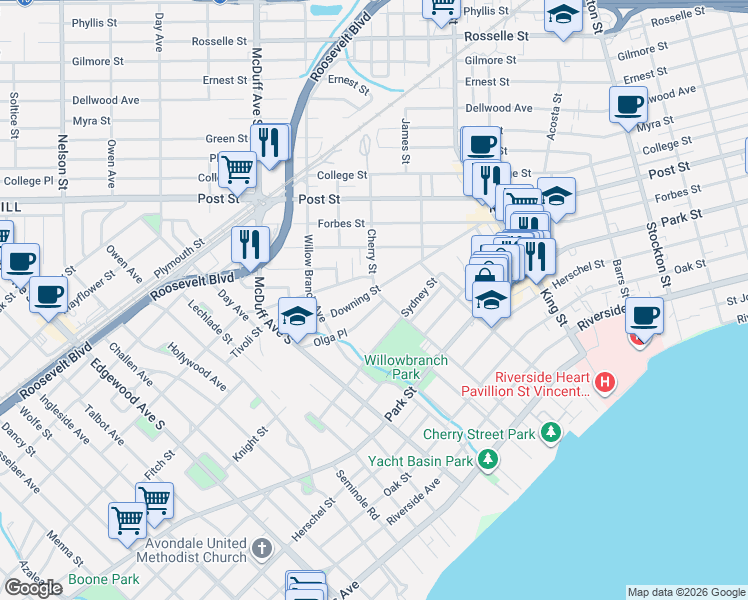 map of restaurants, bars, coffee shops, grocery stores, and more near 2878 Olga Place in Jacksonville