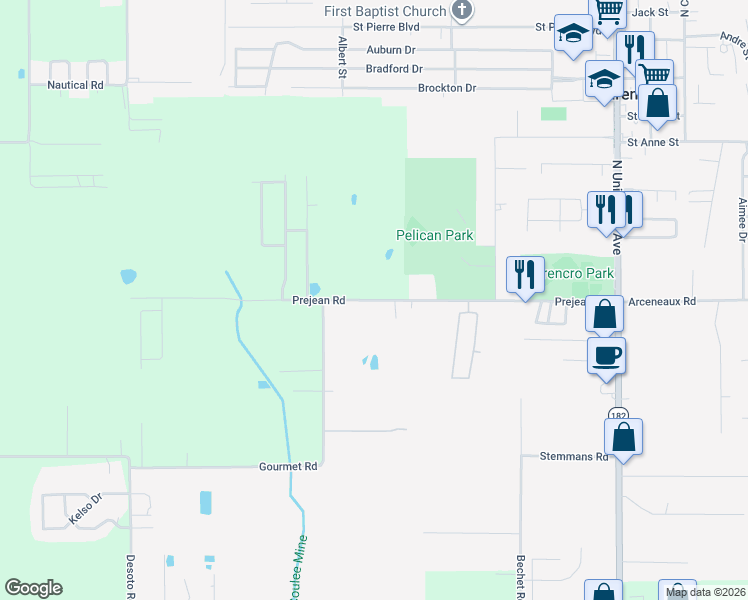 map of restaurants, bars, coffee shops, grocery stores, and more near 411 Prejean Road in Carencro