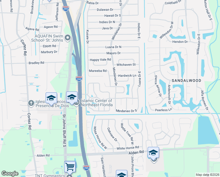 map of restaurants, bars, coffee shops, grocery stores, and more near 2258 Mindanao Drive in Jacksonville