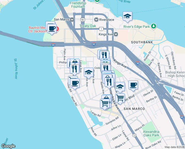 map of restaurants, bars, coffee shops, grocery stores, and more near 1305 Lasalle Street in Jacksonville