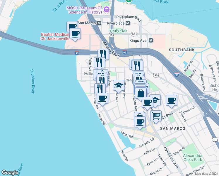 map of restaurants, bars, coffee shops, grocery stores, and more near 1017 Lasalle Street in Jacksonville