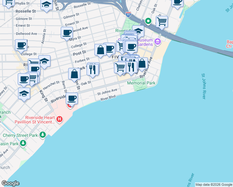 map of restaurants, bars, coffee shops, grocery stores, and more near 2117 River Boulevard in Jacksonville