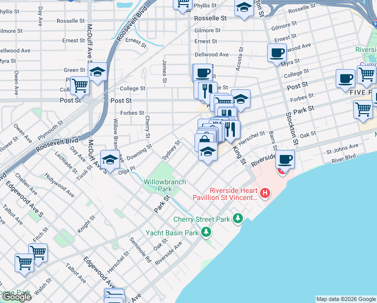 map of restaurants, bars, coffee shops, grocery stores, and more near 2829 Lydia Street in Jacksonville