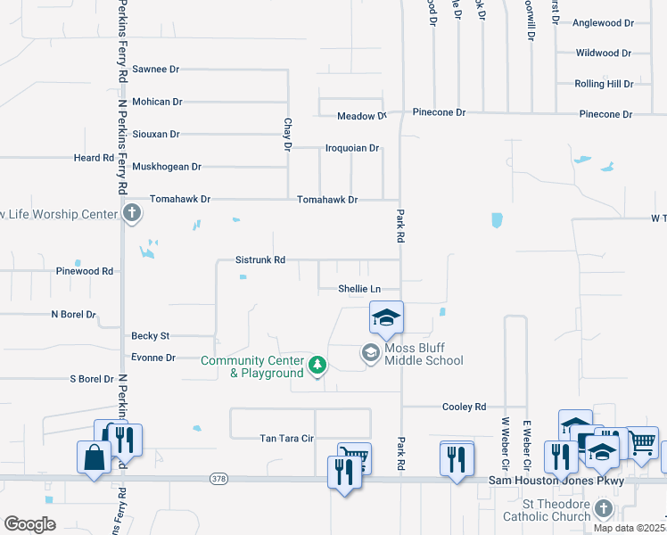 map of restaurants, bars, coffee shops, grocery stores, and more near 1102 Shellie Lane in Lake Charles