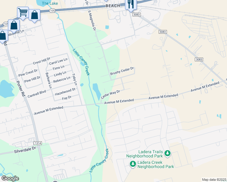 map of restaurants, bars, coffee shops, grocery stores, and more near 2125 Cedar Way Drive in Conroe