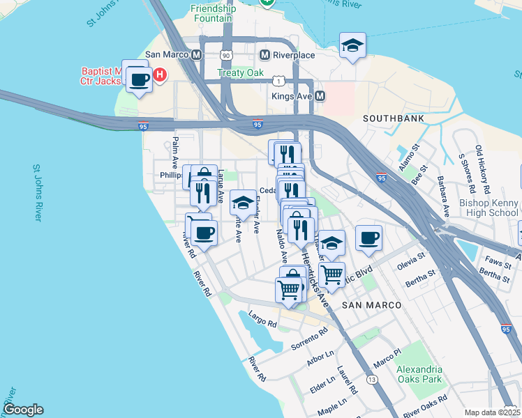 map of restaurants, bars, coffee shops, grocery stores, and more near 1545 Flagler Avenue in Jacksonville