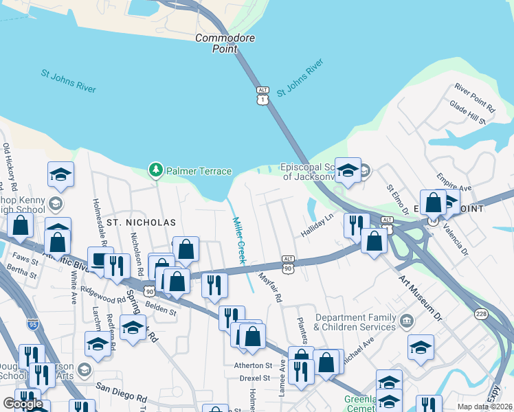 map of restaurants, bars, coffee shops, grocery stores, and more near 1334 Mayfair Road in Jacksonville