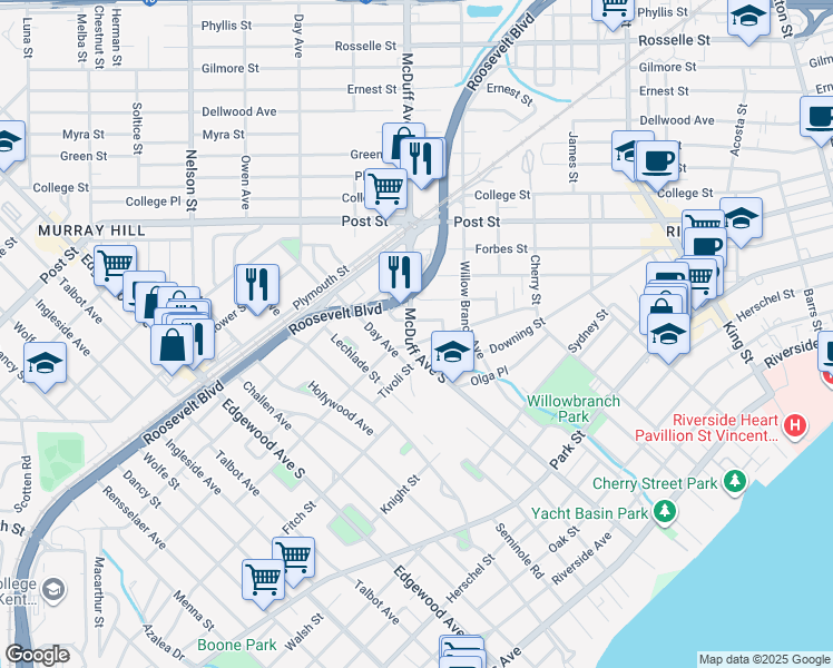 map of restaurants, bars, coffee shops, grocery stores, and more near 1117 McDuff Avenue South in Jacksonville