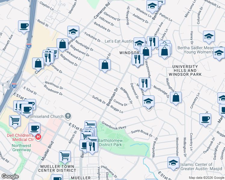 map of restaurants, bars, coffee shops, grocery stores, and more near 1612 Cloverleaf Drive in Austin