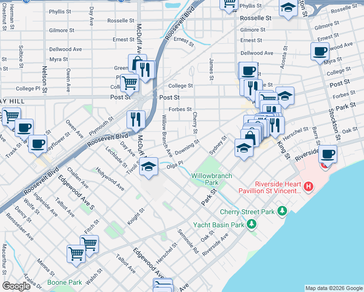 map of restaurants, bars, coffee shops, grocery stores, and more near 2910 Downing Street in Jacksonville