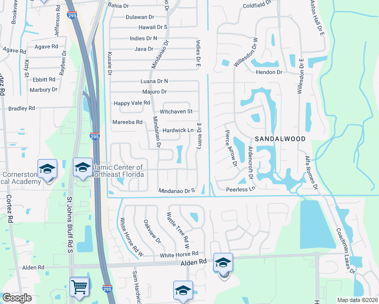 map of restaurants, bars, coffee shops, grocery stores, and more near 2279 Dumfries Circle East in Jacksonville