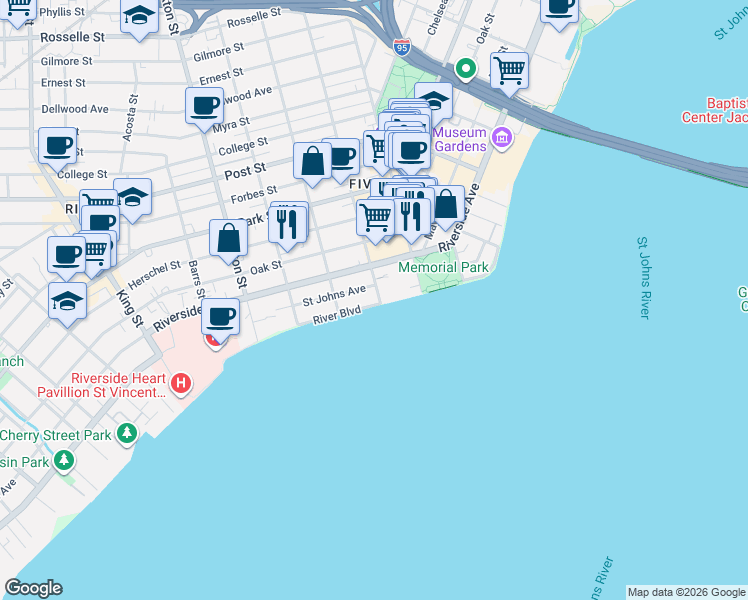 map of restaurants, bars, coffee shops, grocery stores, and more near 2117 River Boulevard in Jacksonville