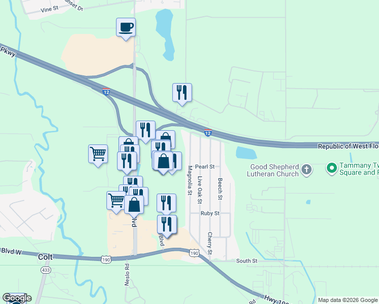 map of restaurants, bars, coffee shops, grocery stores, and more near 1617 Magnolia Street in Slidell