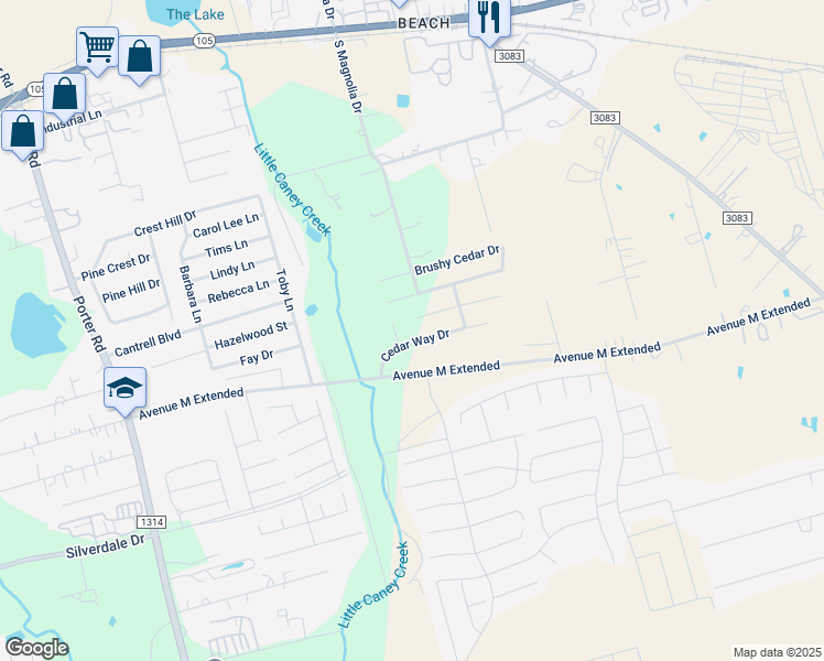 map of restaurants, bars, coffee shops, grocery stores, and more near 1324 Clear Cedar Court in Conroe