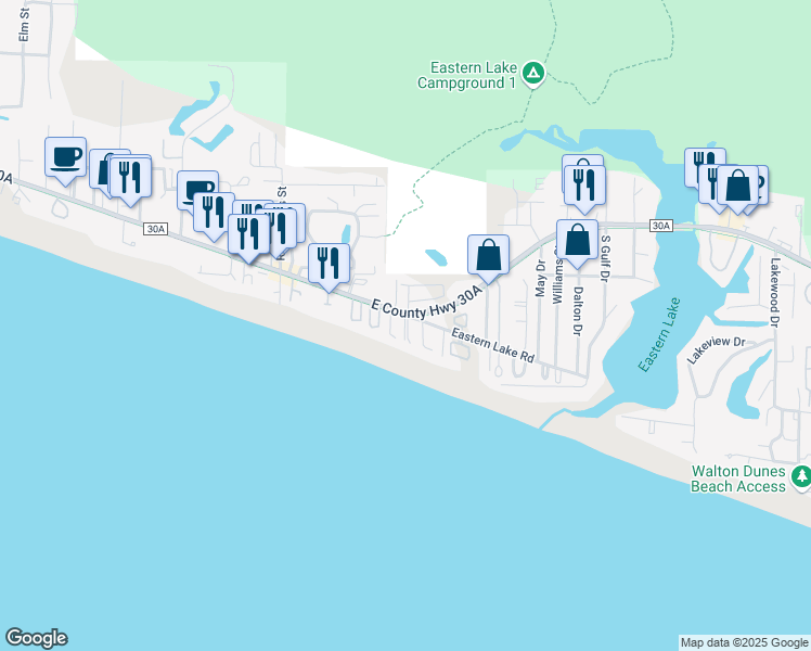 map of restaurants, bars, coffee shops, grocery stores, and more near Sea Nest Lane in Walton County