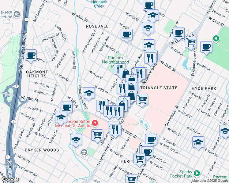 map of restaurants, bars, coffee shops, grocery stores, and more near 1200 West 40th Street in Austin