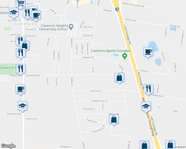 map of restaurants, bars, coffee shops, grocery stores, and more near 100 Ola Street in Carencro