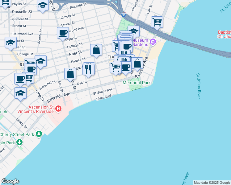 map of restaurants, bars, coffee shops, grocery stores, and more near 2117 River Boulevard in Jacksonville