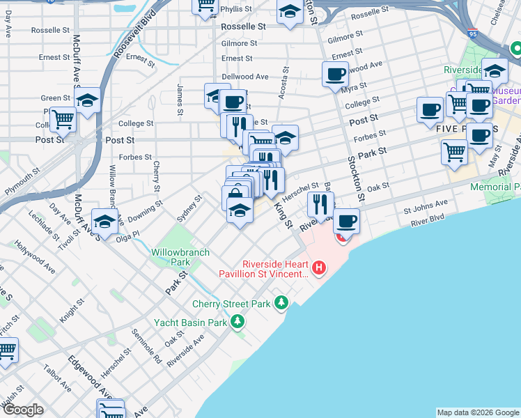 map of restaurants, bars, coffee shops, grocery stores, and more near 2725 Herschel Street in Jacksonville
