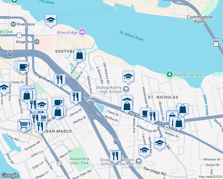 map of restaurants, bars, coffee shops, grocery stores, and more near 1045 Old Hickory Road in Jacksonville