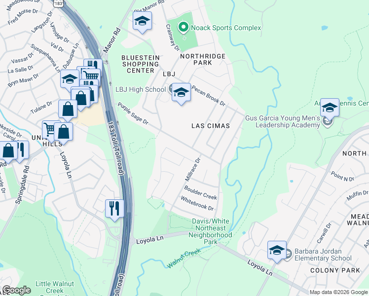 map of restaurants, bars, coffee shops, grocery stores, and more near 5505 Purple Sage Drive in Austin