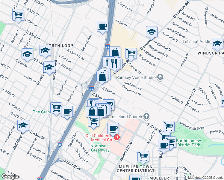 map of restaurants, bars, coffee shops, grocery stores, and more near 1200 East 52nd Street in Austin