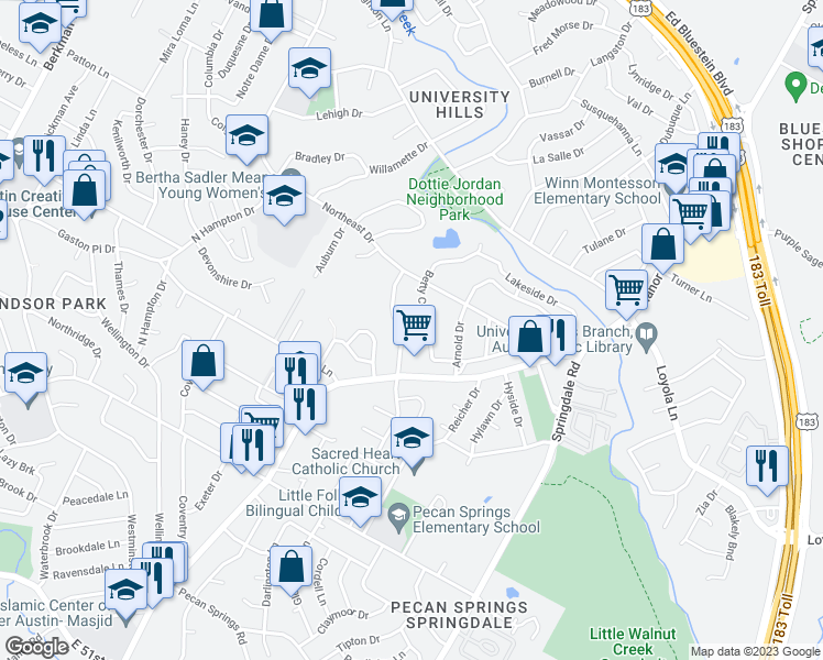 map of restaurants, bars, coffee shops, grocery stores, and more near 6200 Manor Road in Austin