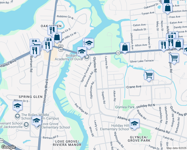 map of restaurants, bars, coffee shops, grocery stores, and more near 277 Brunswick Road in Jacksonville