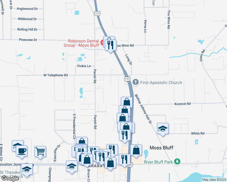 map of restaurants, bars, coffee shops, grocery stores, and more near 549 LeJuanta Street in Lake Charles