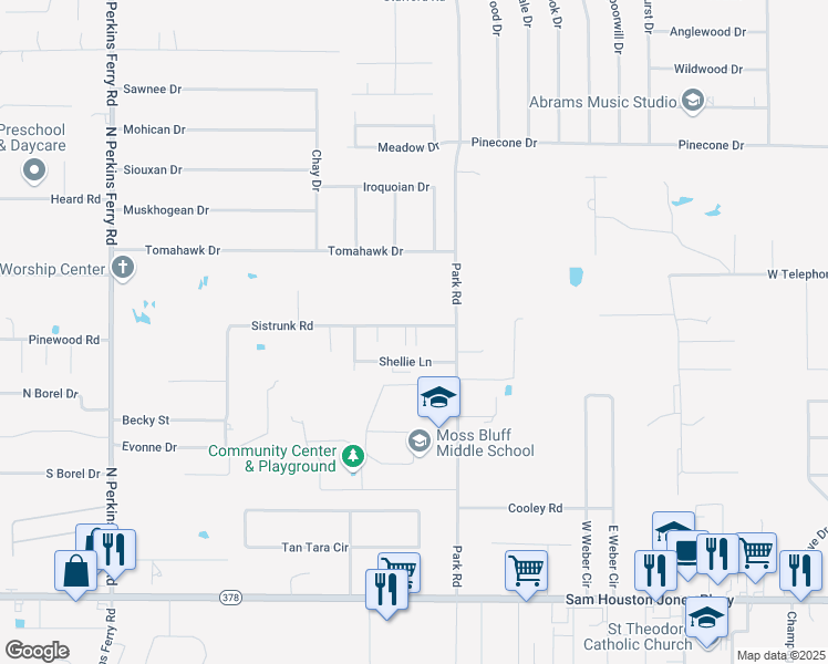 map of restaurants, bars, coffee shops, grocery stores, and more near 1022 Shellie Lane in Moss Bluff
